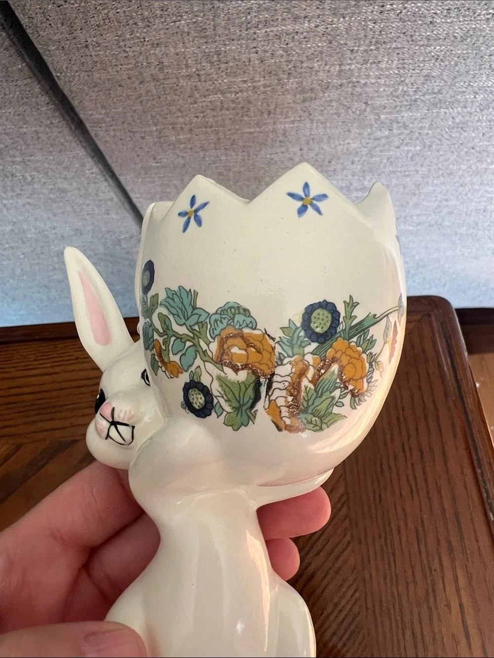 Vintage 1970s Ceramic Bunny Egg Planter with Floral Design